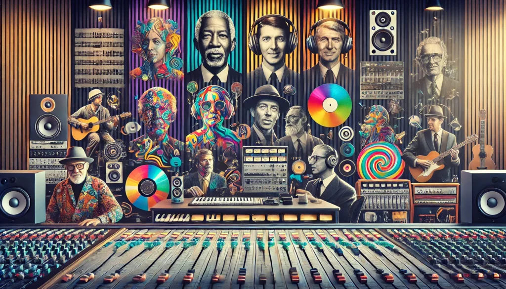 Collage of music producer symbols in a colorful studio.