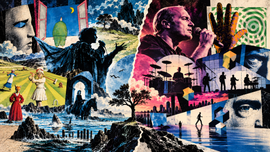 Genesis Peter Gabriel and Phil Collins eras collage featuring imagery inspired by the band’s progressive rock and pop years