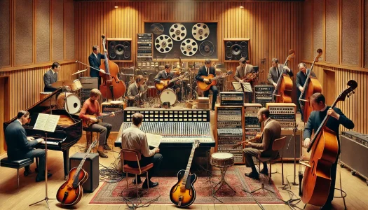 Vintage 1960s recording studio with musicians and producer surrounded by analog gear, capturing the Wall of Sound production style.